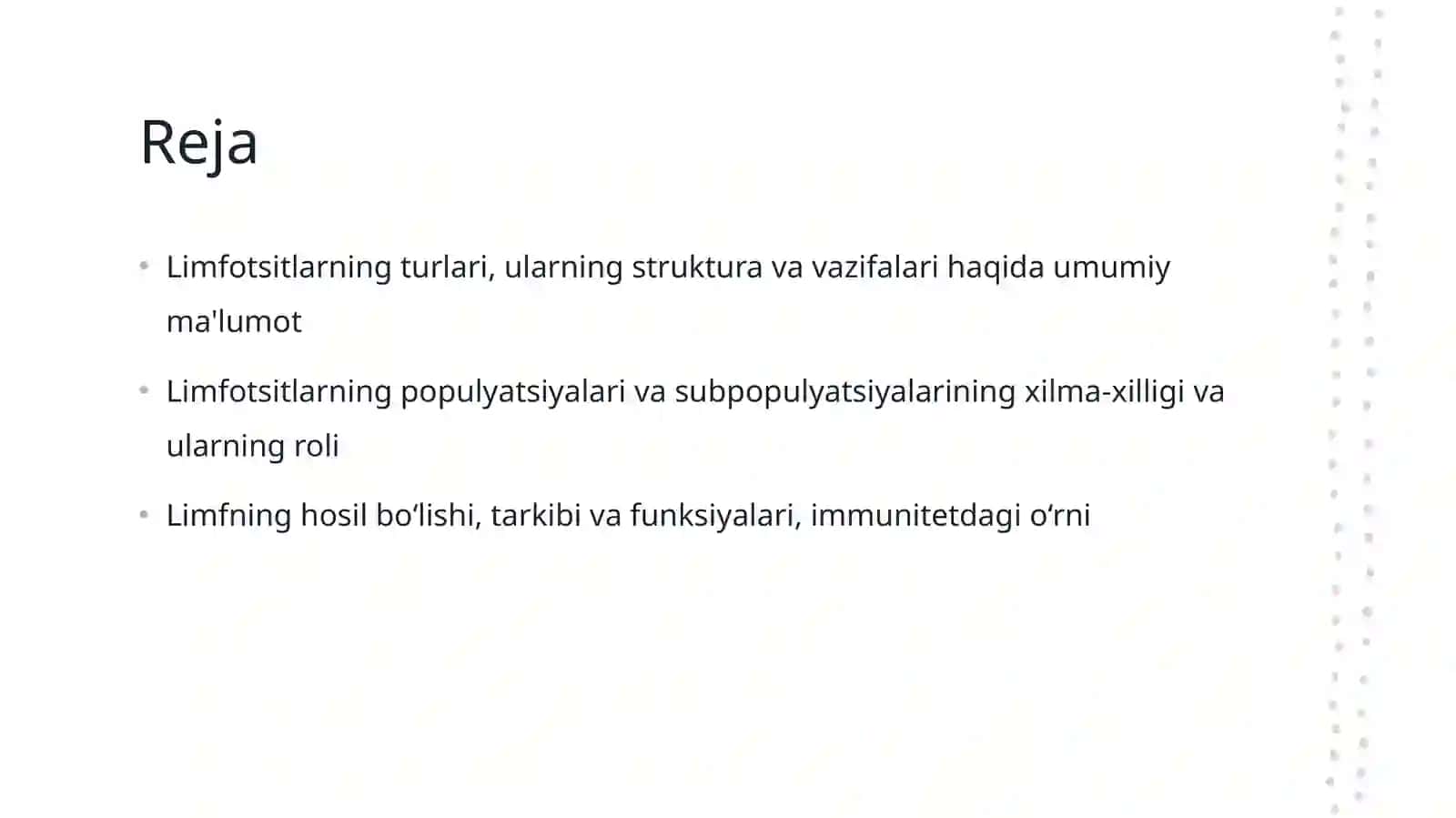 Limfotsitopoezning hususiyatlari. Limfotsitlarning populyatsiyalari va subpopulyatsiyalari. Ularning tuzilishi va vazifalari.Limfaning hosil bo’lishi, tarkibi va vazifalari. 2