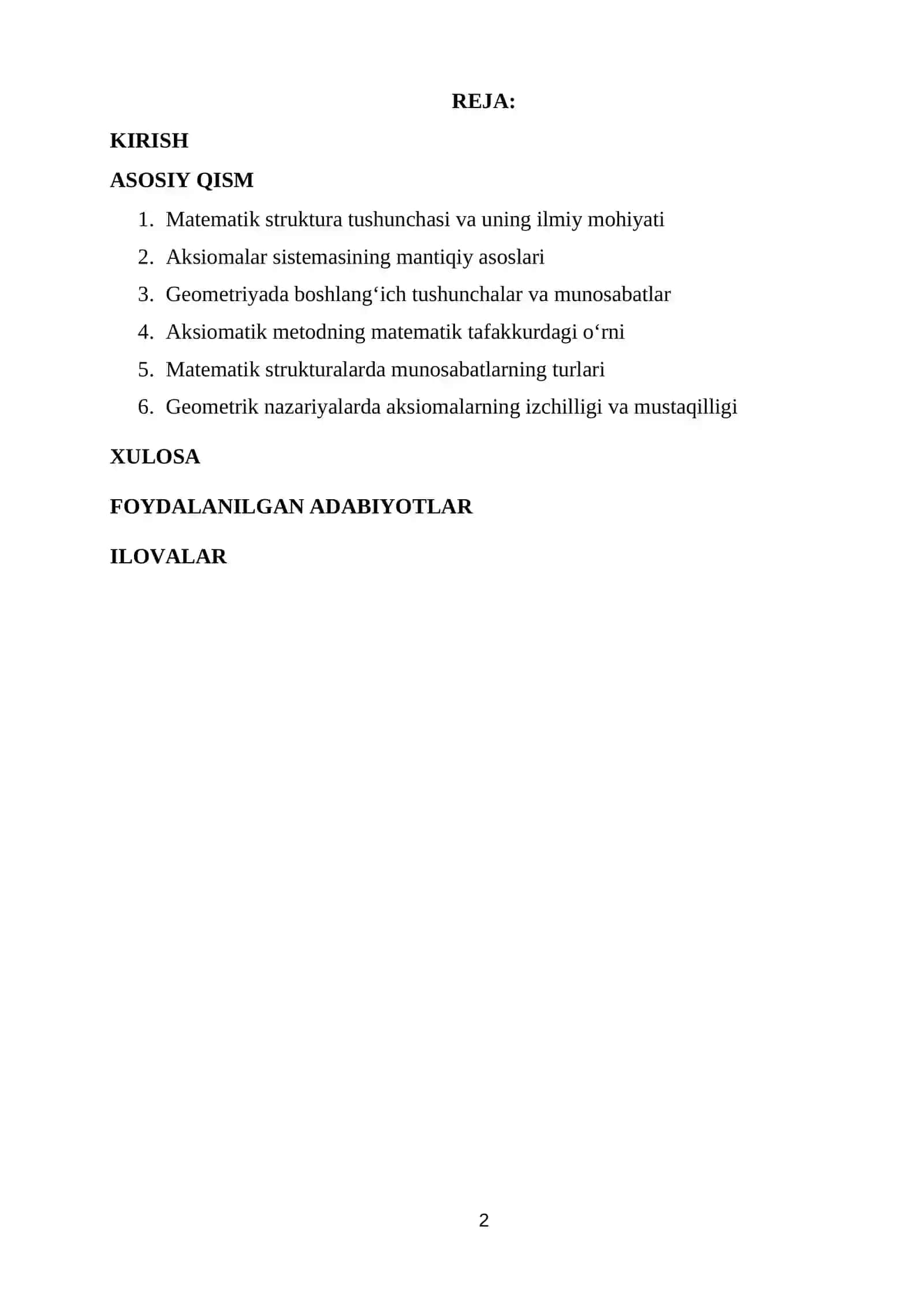 Matematik struktura va geometriyada aksiomalar sistemasida munosabatlar 2