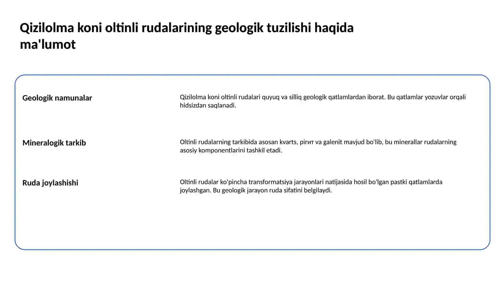 Qizilolma koni oltinli rudalarining geologik tuzilishi haqida ma'lumot 2