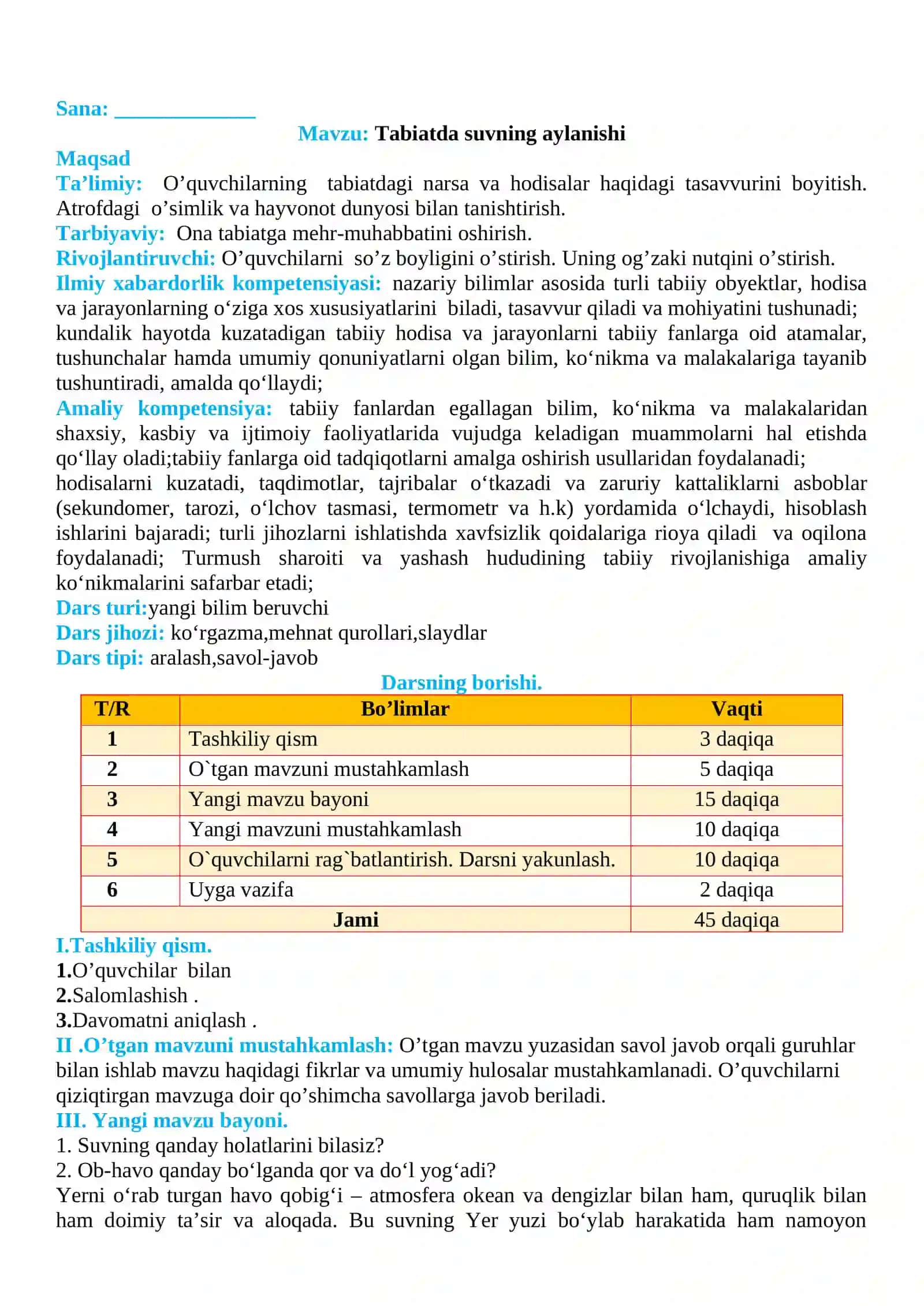 3-sinf Tabiiy fan (Science) Tabiatda suvning aylanishi dars ishlanma 2