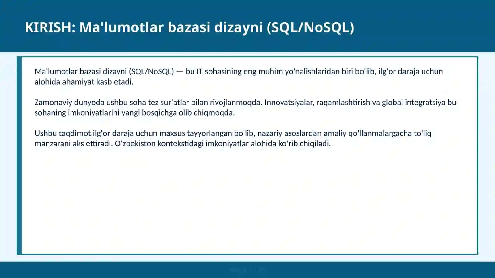 Ma'lumotlar bazasi dizayni (SQL/NoSQL) 2