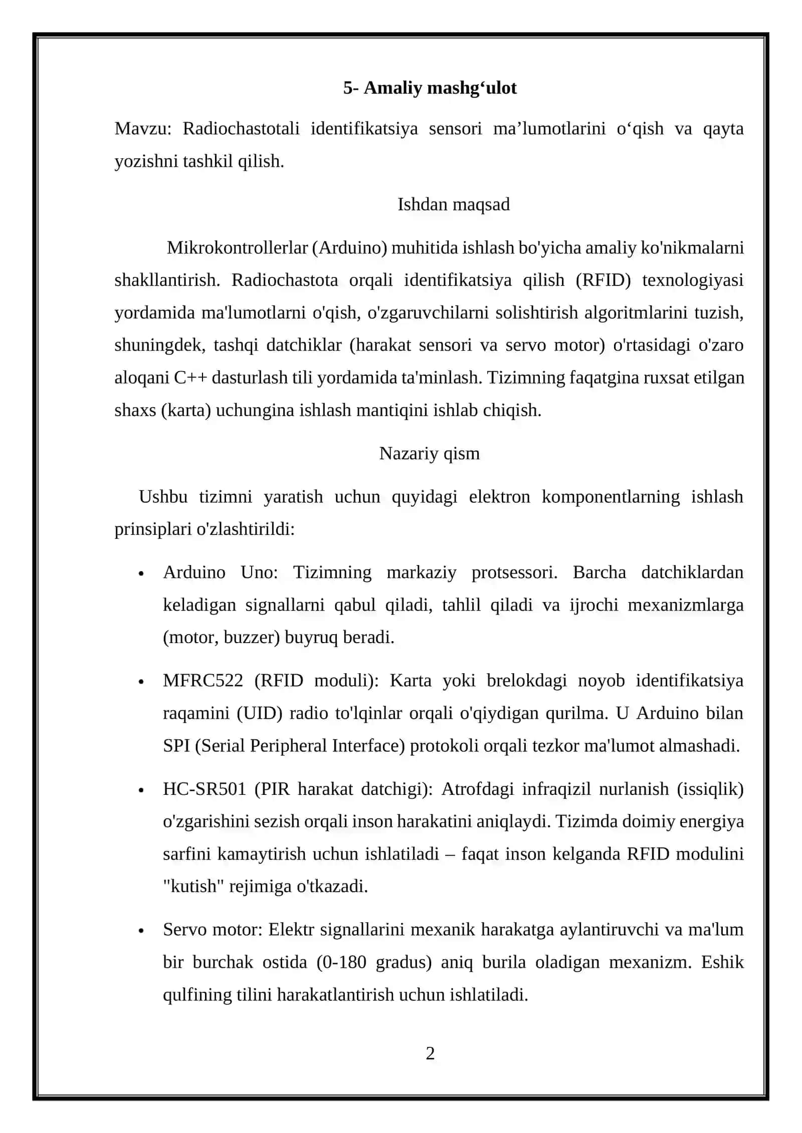 Radiochastotali identifikatsiya sensori ma’lumotlarini o‘qish va qayta yozishni tashkil qilish 2