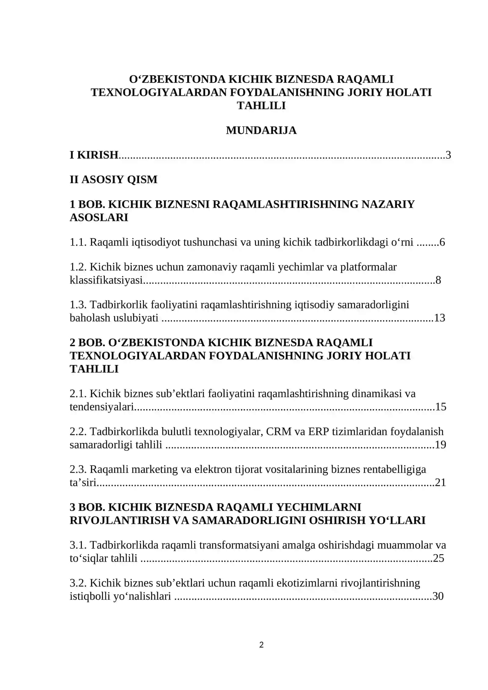 O‘ZBEKISTONDA KICHIK BIZNESDA RAQAMLI TEXNOLOGIYALARDAN FOYDALANISHNING JORIY HOLATI TAHLILI 2