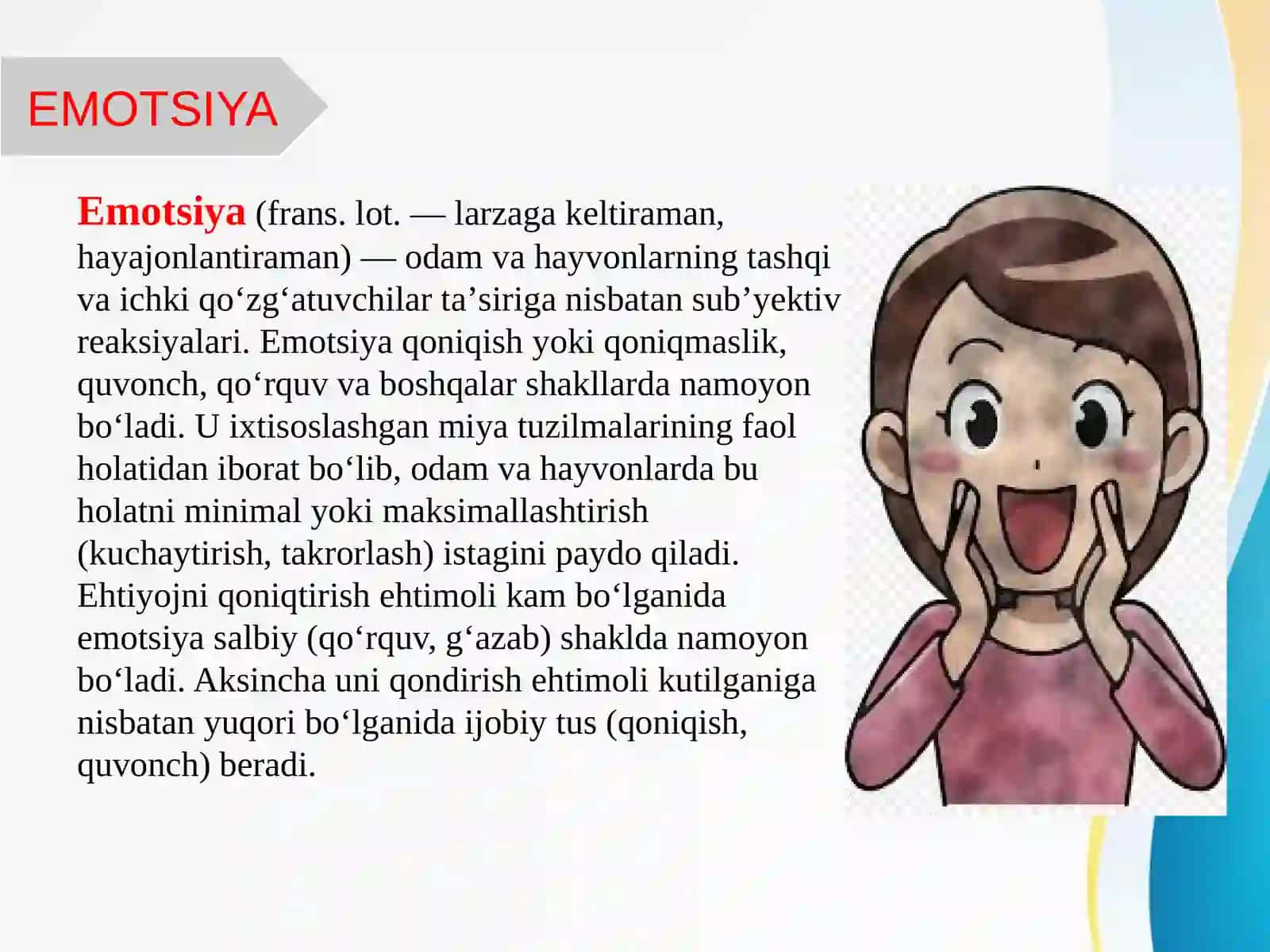 Emotsional ta`sirlarga javob berish va uning har xil turlari xarakteristikasi 2