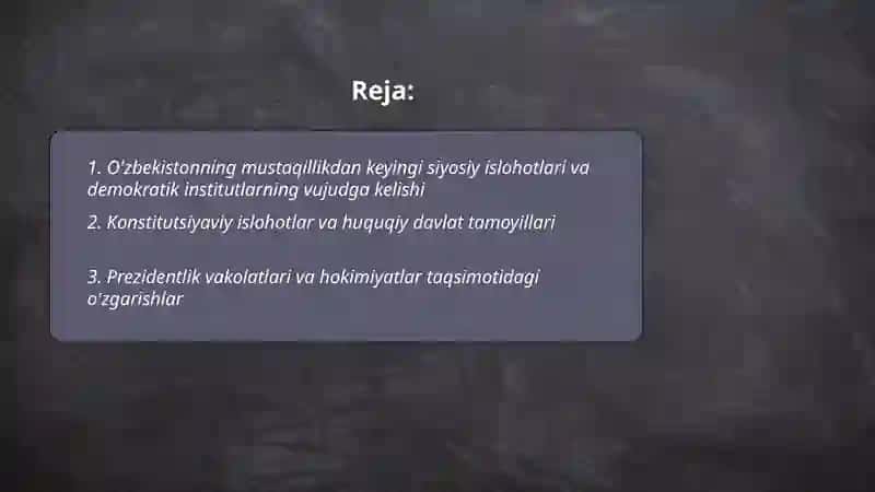 O'zbekistonda demokratik,fuqarolik jamiyati asoslarining shakllanishi,amalga oshirilgan siyosiy islohatlar 2