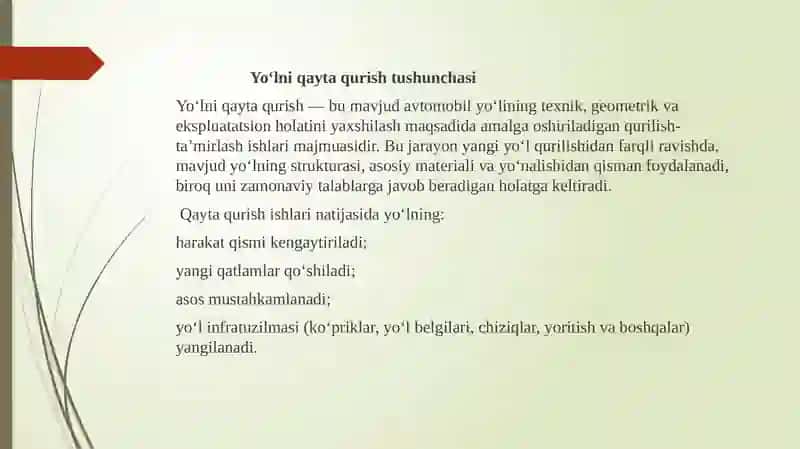 Ko’pchigan yo’l bo’laklarini qayta qurish 2