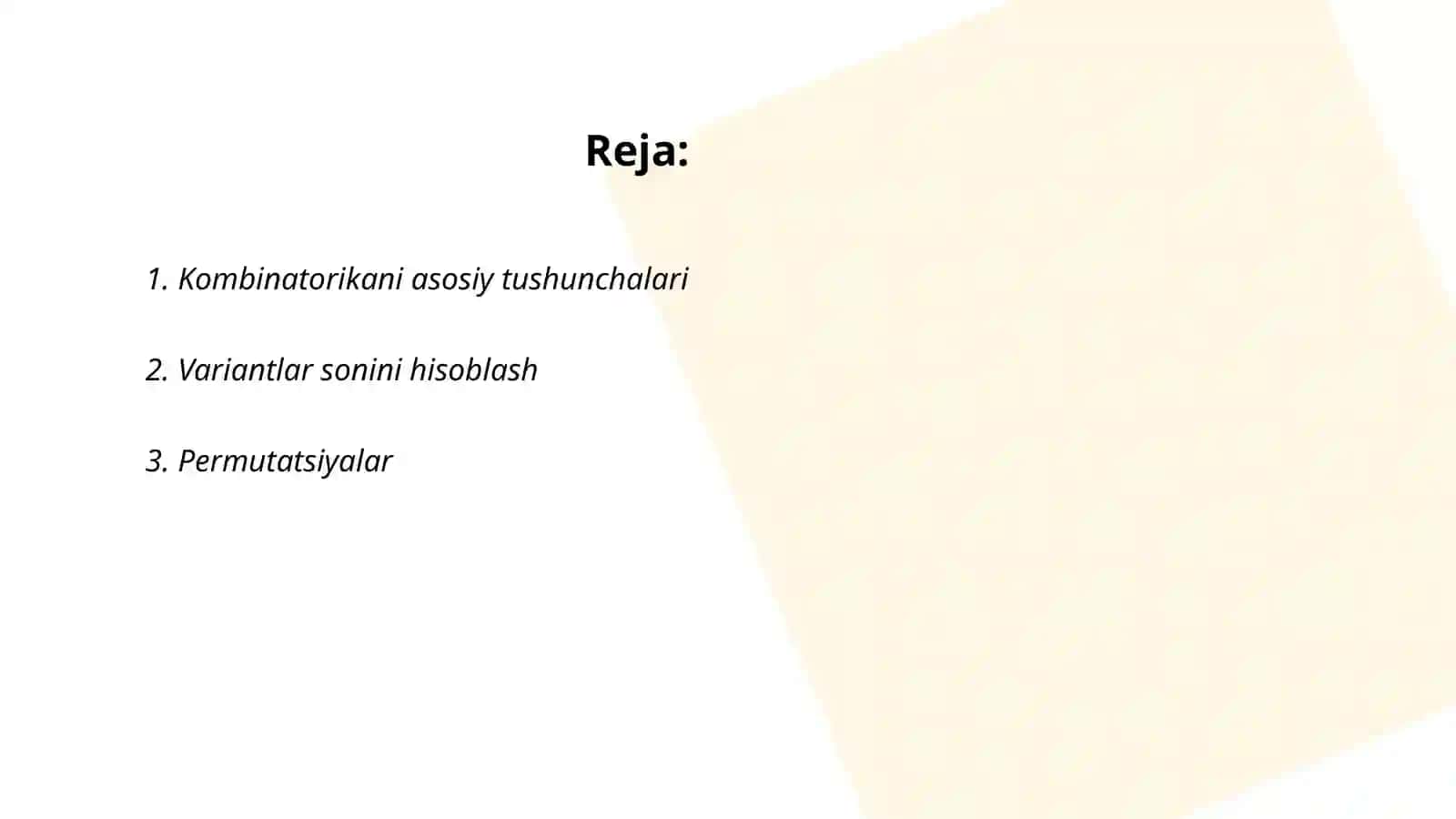 Kombinatorika mavzusidagi formulalar yordamida yechiladigan masalalar yechimi 2