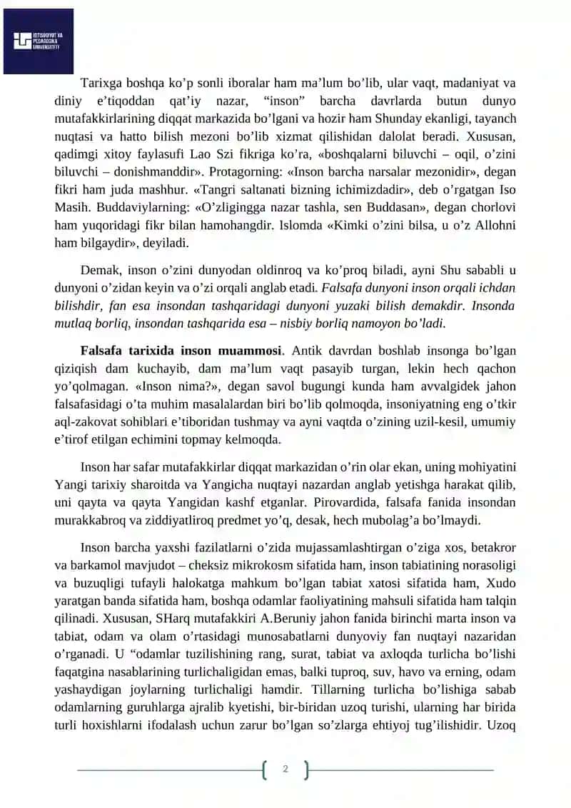 INSON FALSAFASI (FALSAFIY ANTROPOLOGIYA) 2