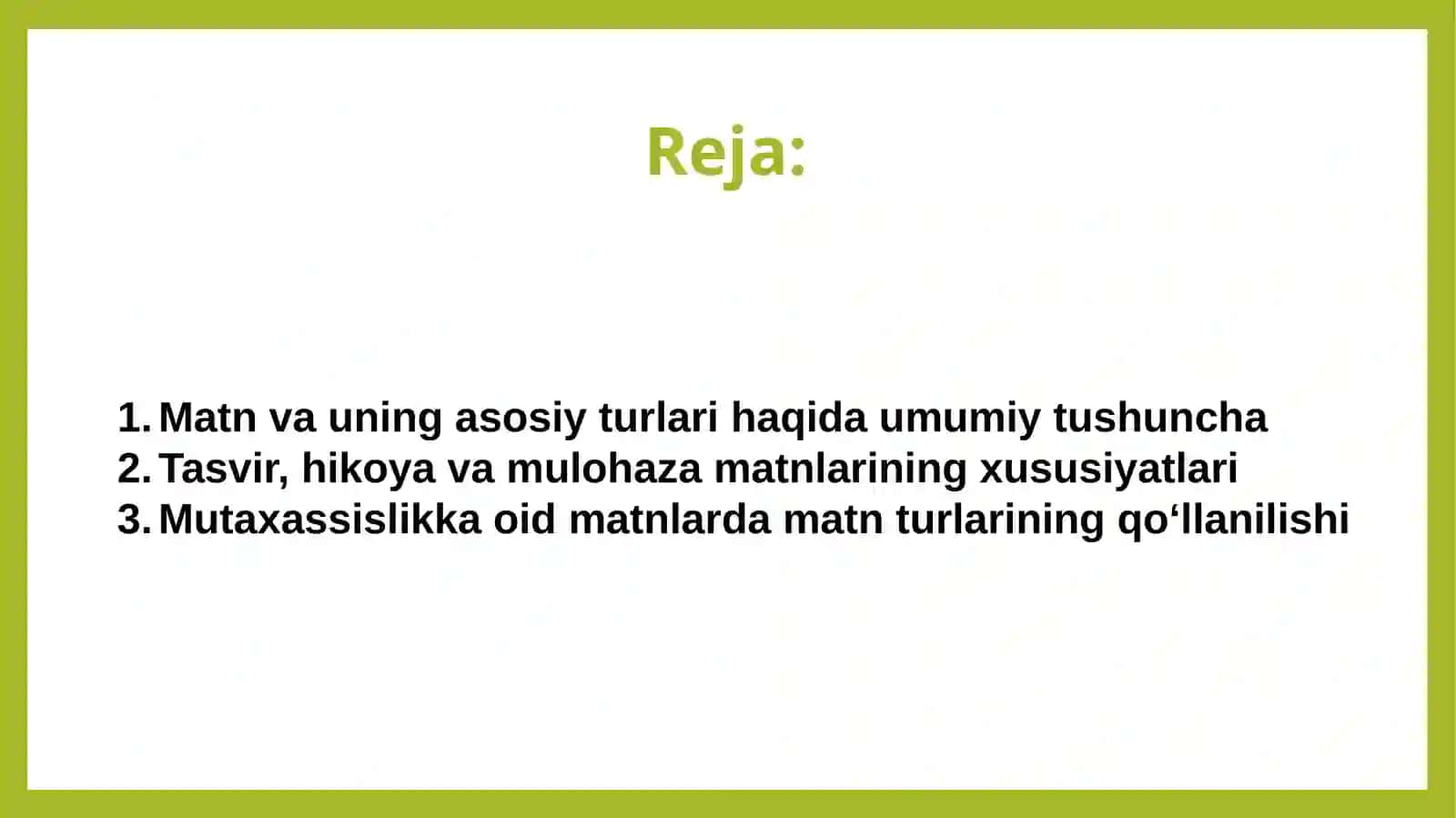 Matn tiplari tasvir,hikoya,mulohaza ( mutaxassislik oid matnlar misollar) 2