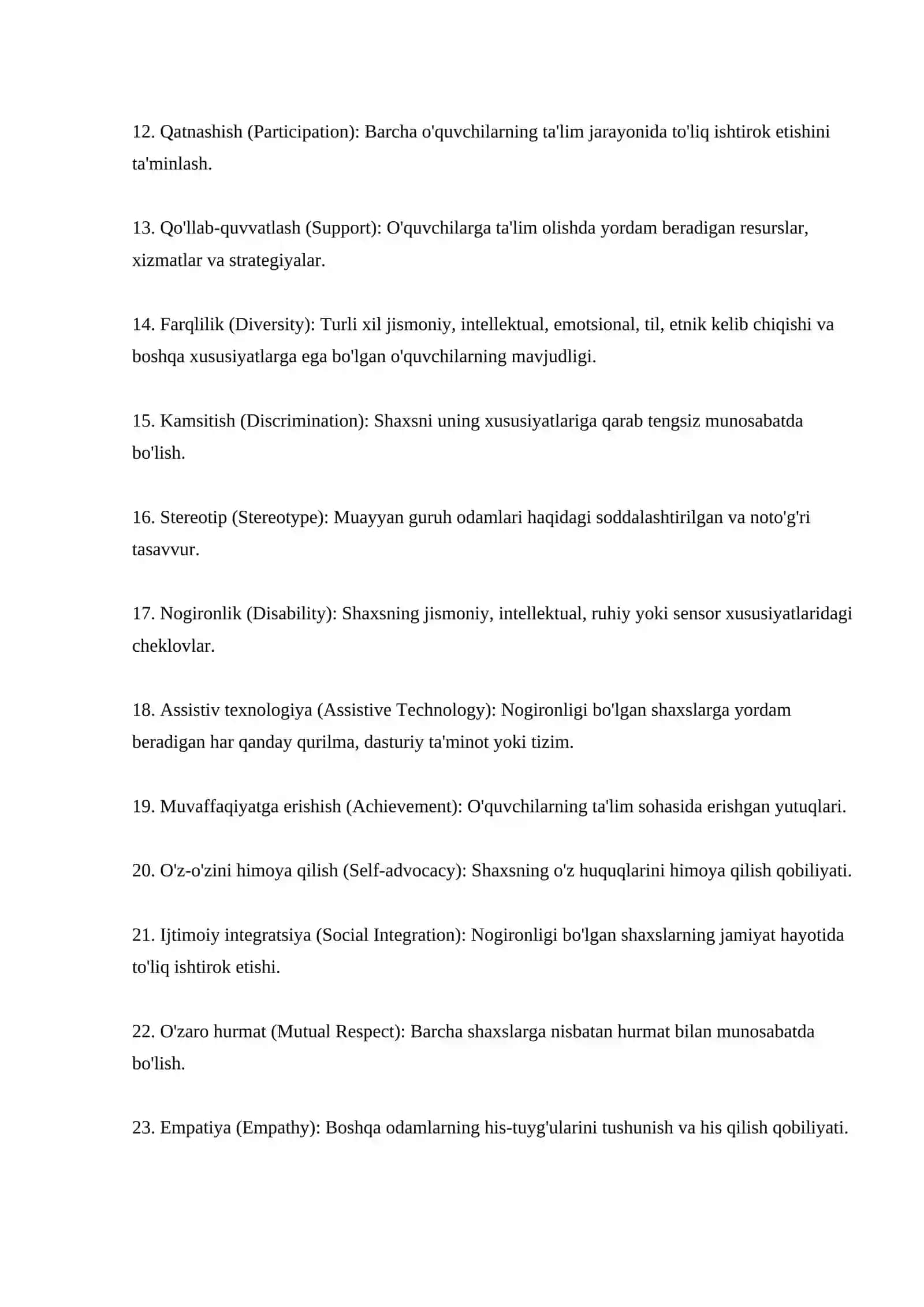 Inklyuziya, integratsiya va segregatsiya tushunchalarining mazmuni va ularning bir-biridan farqi GLOSARI 2