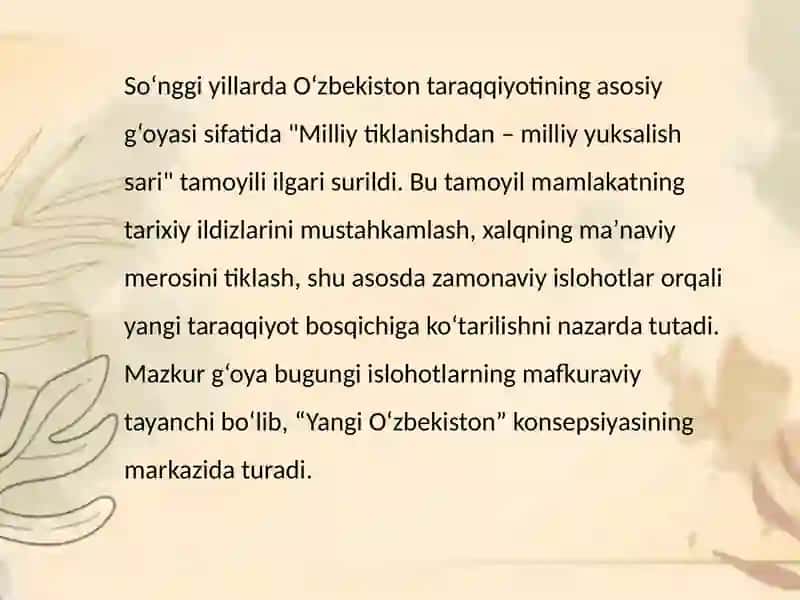 Yangi O‘zbekistonda Prezident Sh.M.Mirziyoyev Rahbarligi va Tashabbusi Ostida Amalga Oshirilayotgan Ishlohlar 2