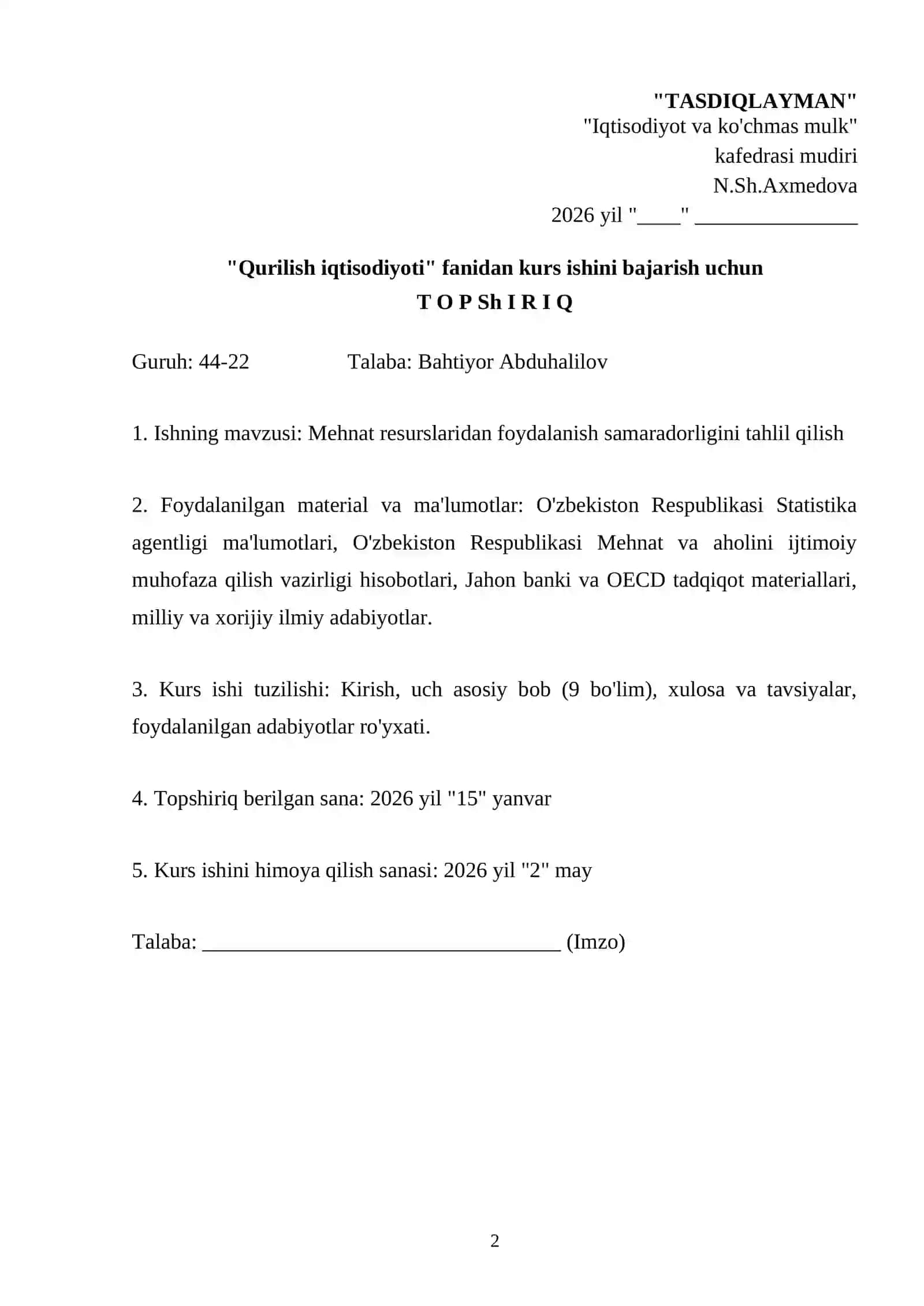 Mehnat resurslaridan foydalanish samaradorligini tahlil qilish 2