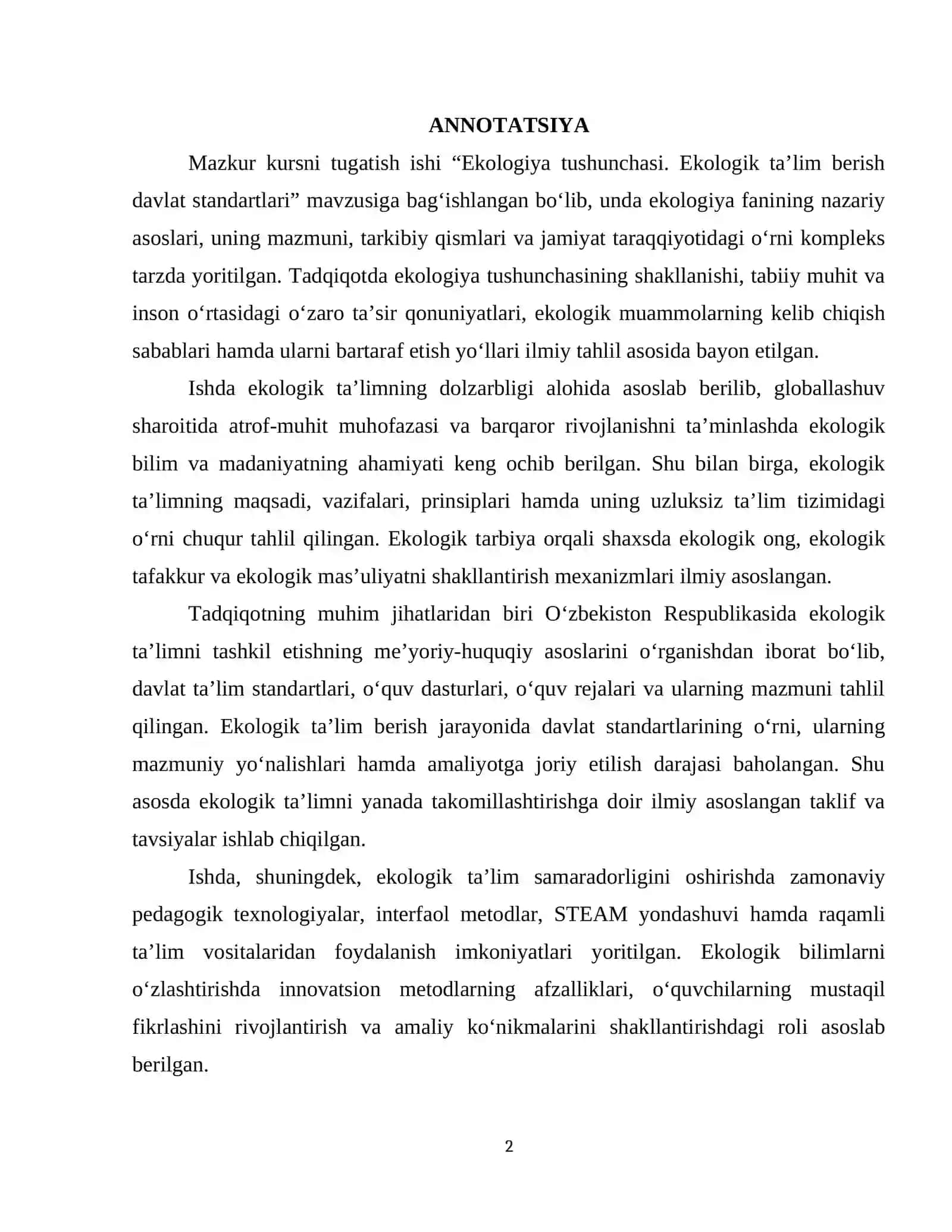 EKOLOGIYA TUSHUNCHASI. EKOLOGIK TALIM BERISH DAVLAT STANDARTLARI 2