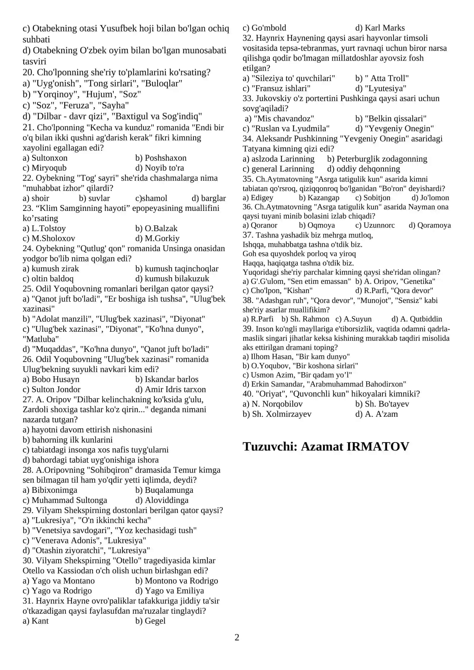 Tarix fanidan Adabiyot sinov testi 2