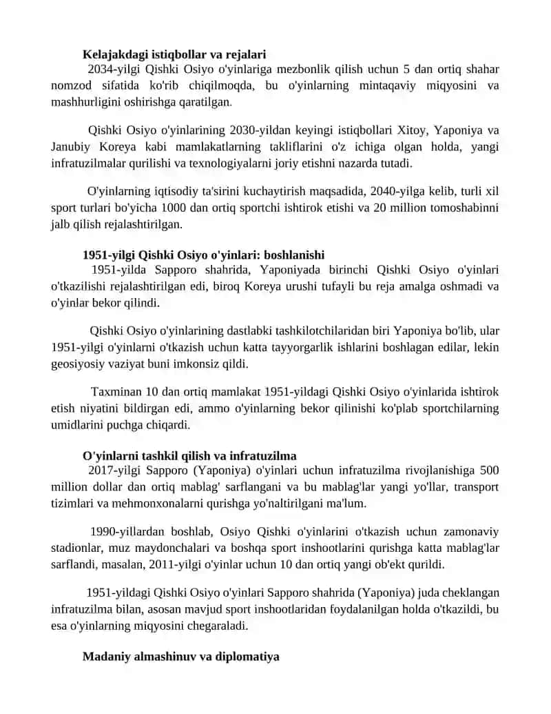 Qishki Osiyo o'yinlari 1951 hozirgi davrgacha 2