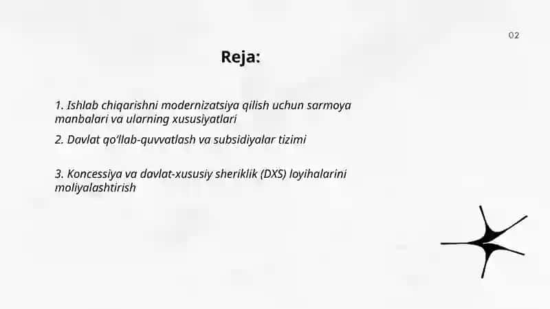 Ishlab chiqarishni yangilash va modernizasiyalash investion dasturlarini moliyalashtirish 2