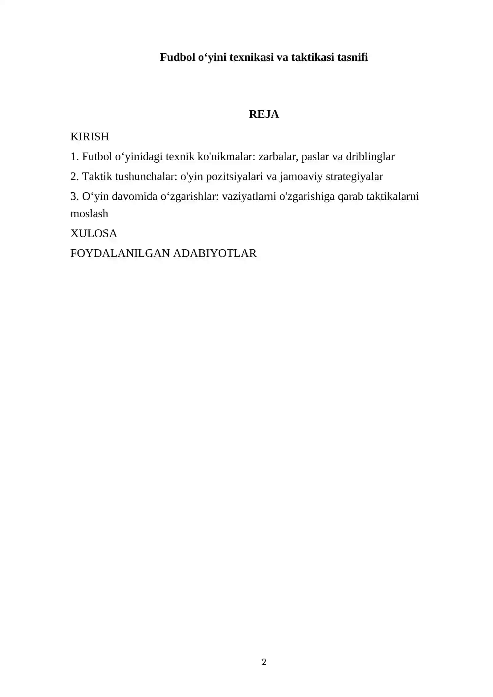 Fudbol oʻyini texnikasi va taktikasi tasnifi 2