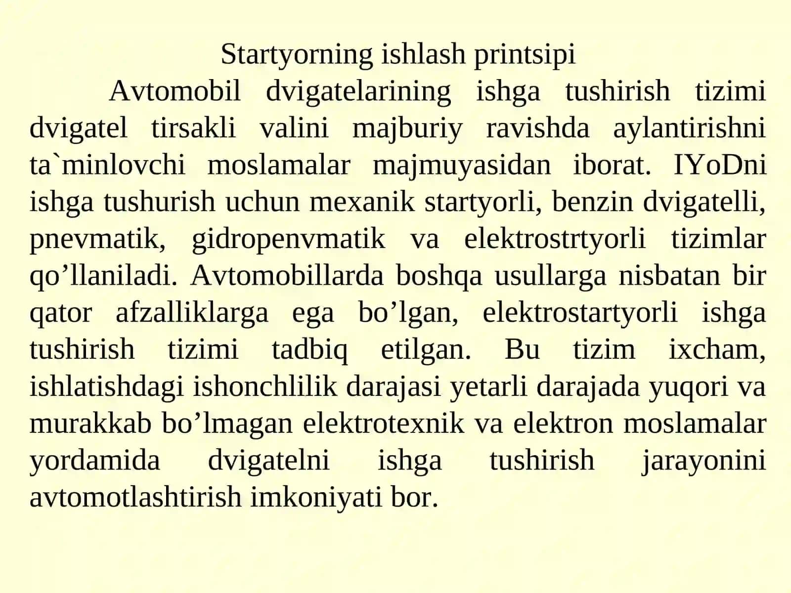 Dvigatellarni ishga tushirish tizimining vazifasi va komponovka sxemalari 2