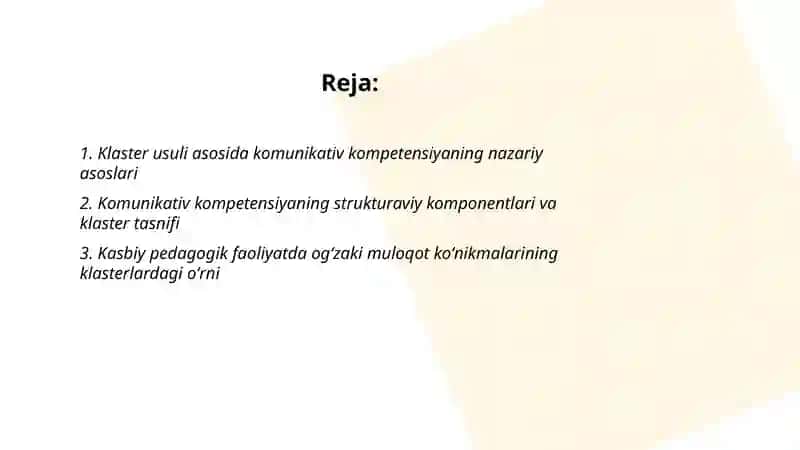 Kasbiy pedagokik faoliyatda komunikativ kompetensiyaning oʻrni mavzusini klaster usulida tasniflash 2