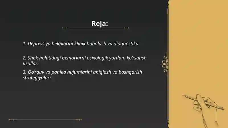 Bemorlarning ruhiy holati «Depressiya, shok, qo‘rquv, ipoxondriya, o‘zini aybdor his qilish» syutsidal fikrlash va x. k 2