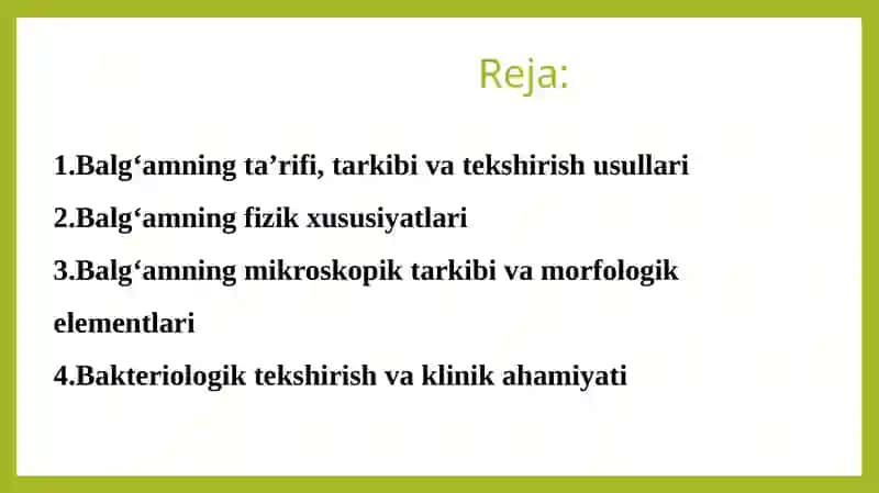 Balg’am va plevra suyuqligini labarator tekshirish.O’pkani funksional va instrumental tekshirish usullari;spirometriya,pnevmotaxometriya,oksigemometriya,O’pkani rentgenologik tekshirish. 2