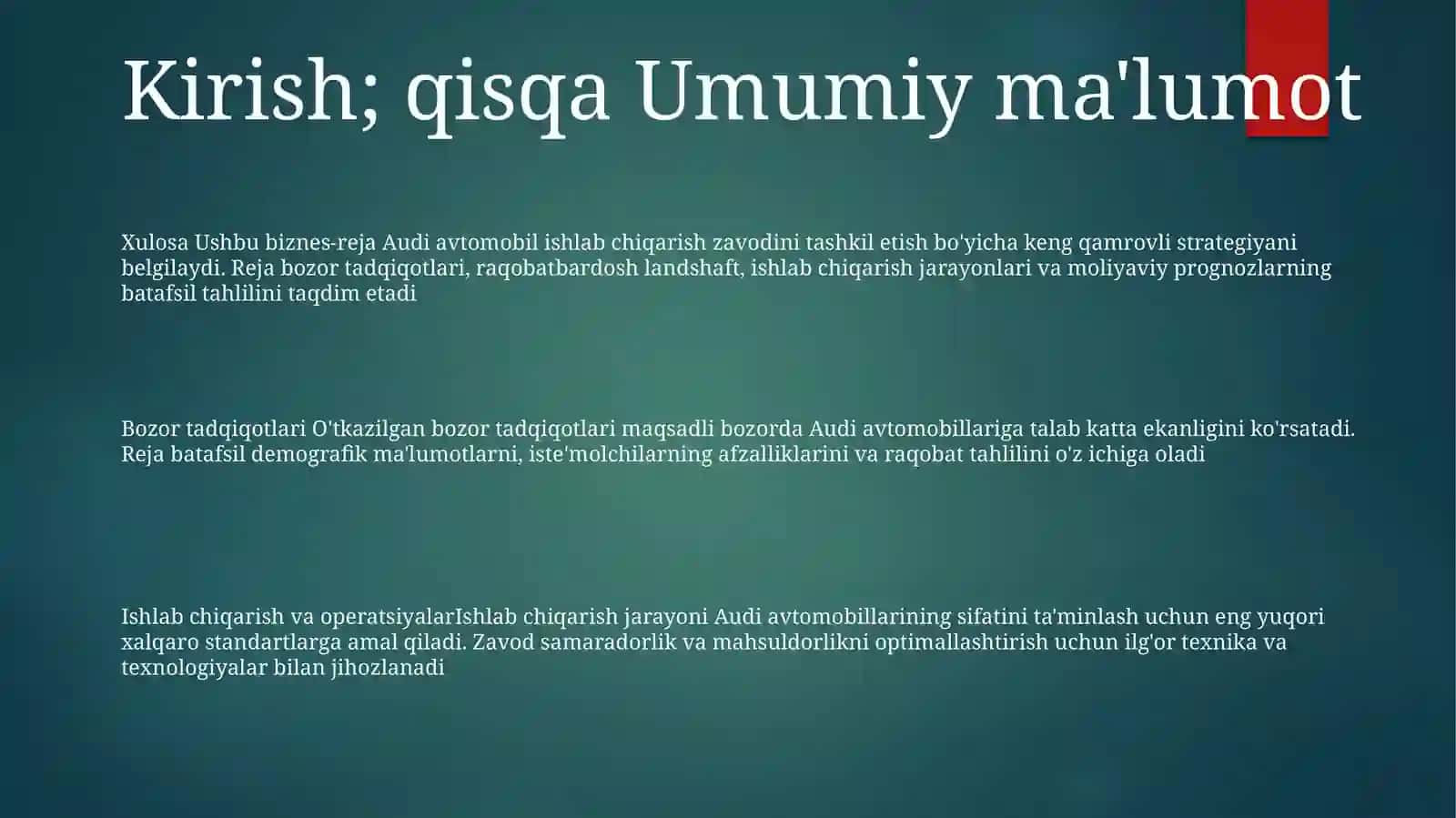 Audiy Avtomobilini Ishlab Chiqarish BoʻYichaBiznesReja 2