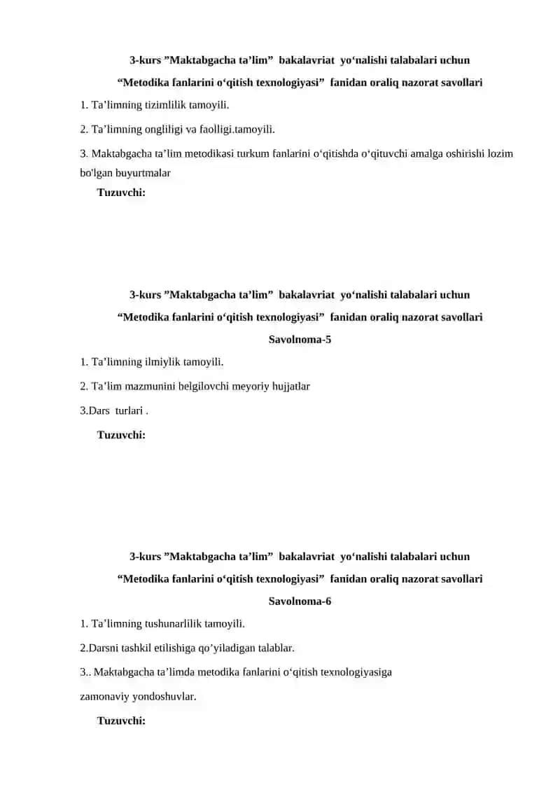 “Metodika fanlarini o‘qitish texnologiyasi” fanidan oraliq nazorat savollari 2
