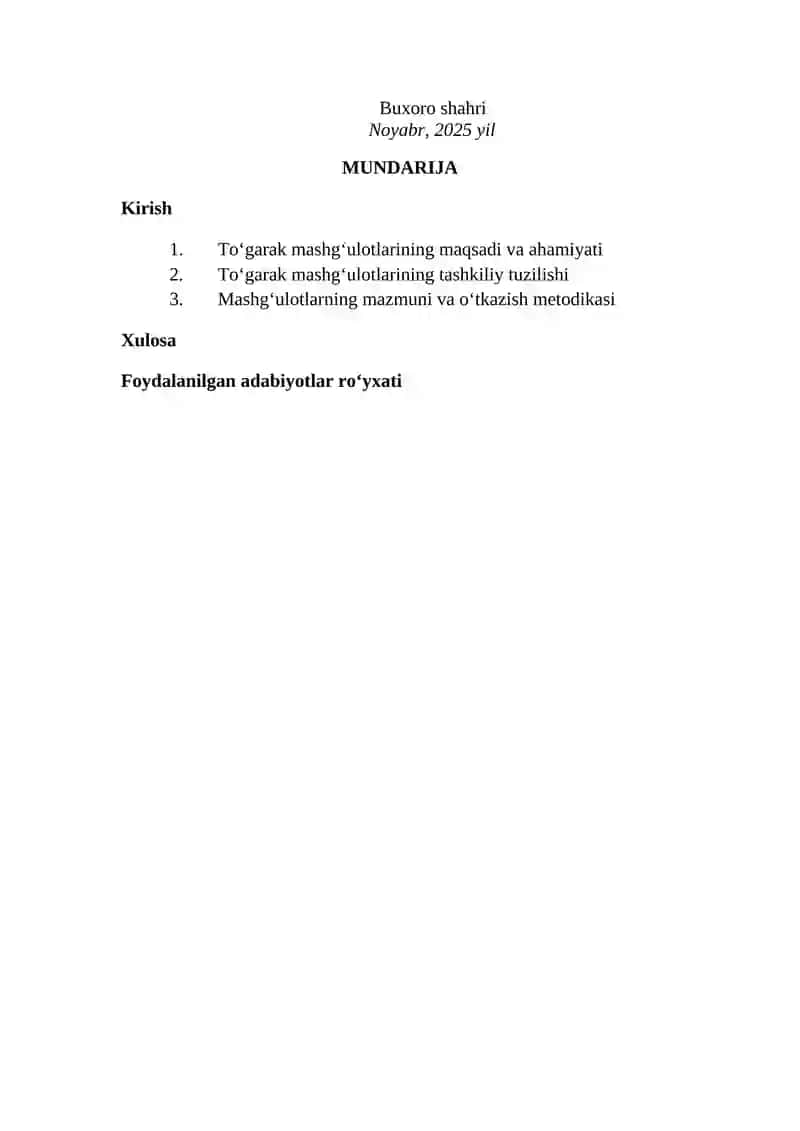 To'garak mashg'ulotlarining tashkiliy tuzilishi va mazmuni 2