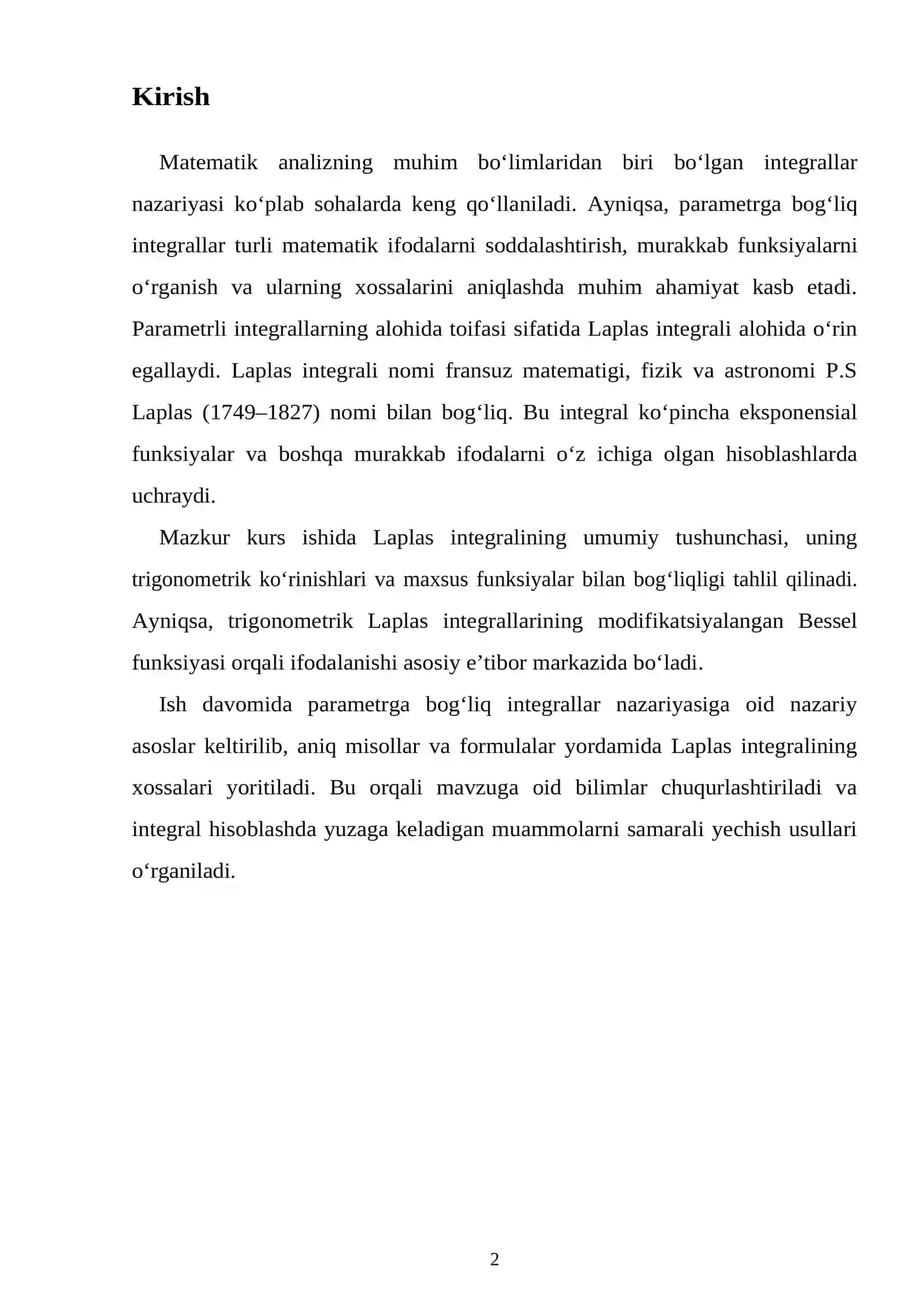 Laplas integrali va uning tatbiqlari 2