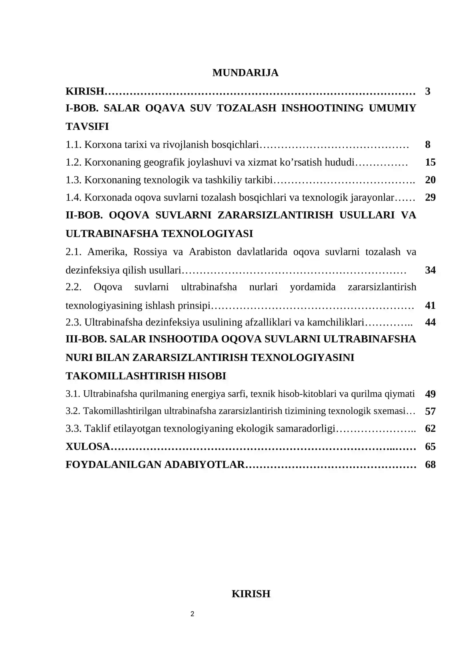 TOSHKENT SHAHAR O’ZGARISH HUDUDIDA JOYLASHGAN TOZALASH INSHOOTLARIDA OQAVA SUVLARNI ULTRABINAFSHA NURLARI BILAN ZARARSIZLANTIRISH TEXNOLOGIYASINI TAKOMILLASHTIRISH TAKOMILLASHTIRISH. 2