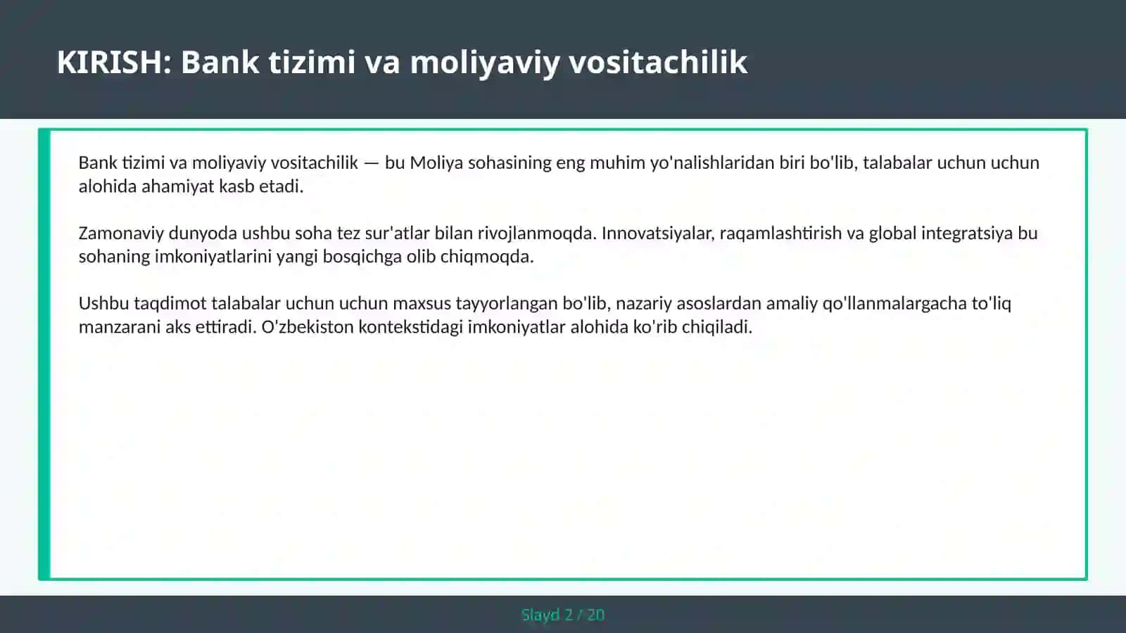 BANK TIZIMI VA MOLIYAVIY VOSITACHILIK 2