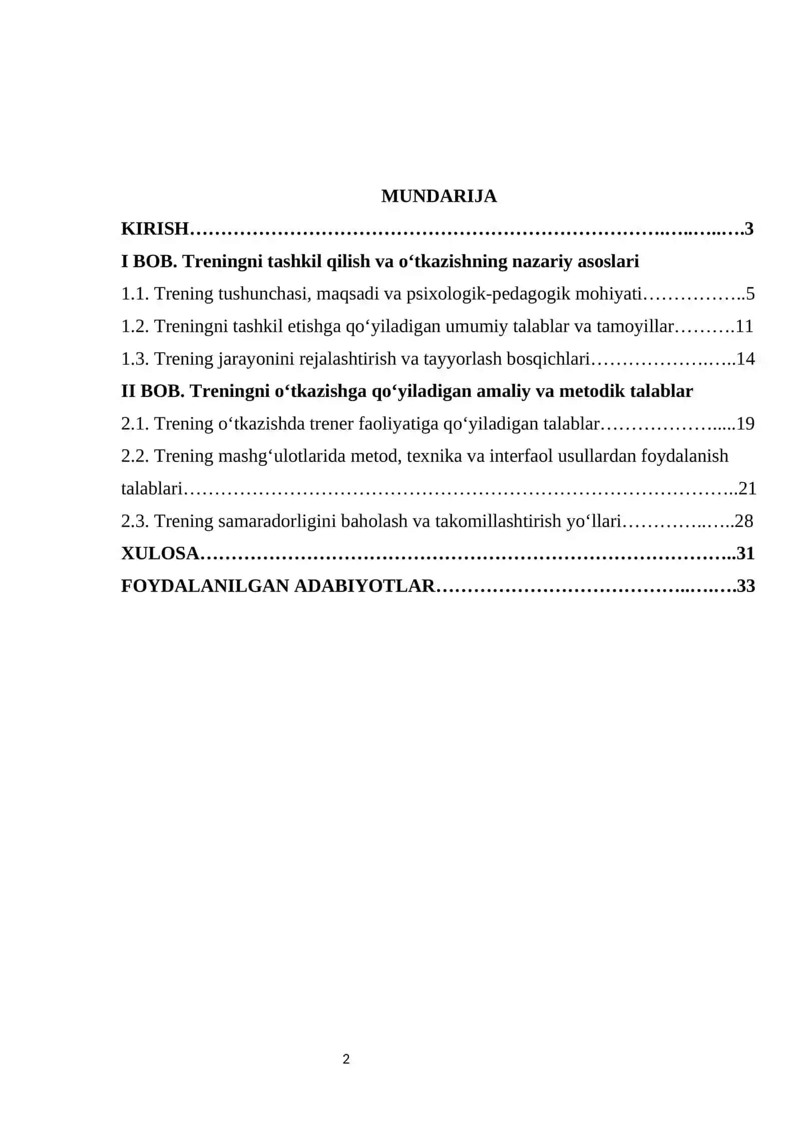 Treningni tashkil qilish va oʻtkazishga qoʻyiladigan talablar 2