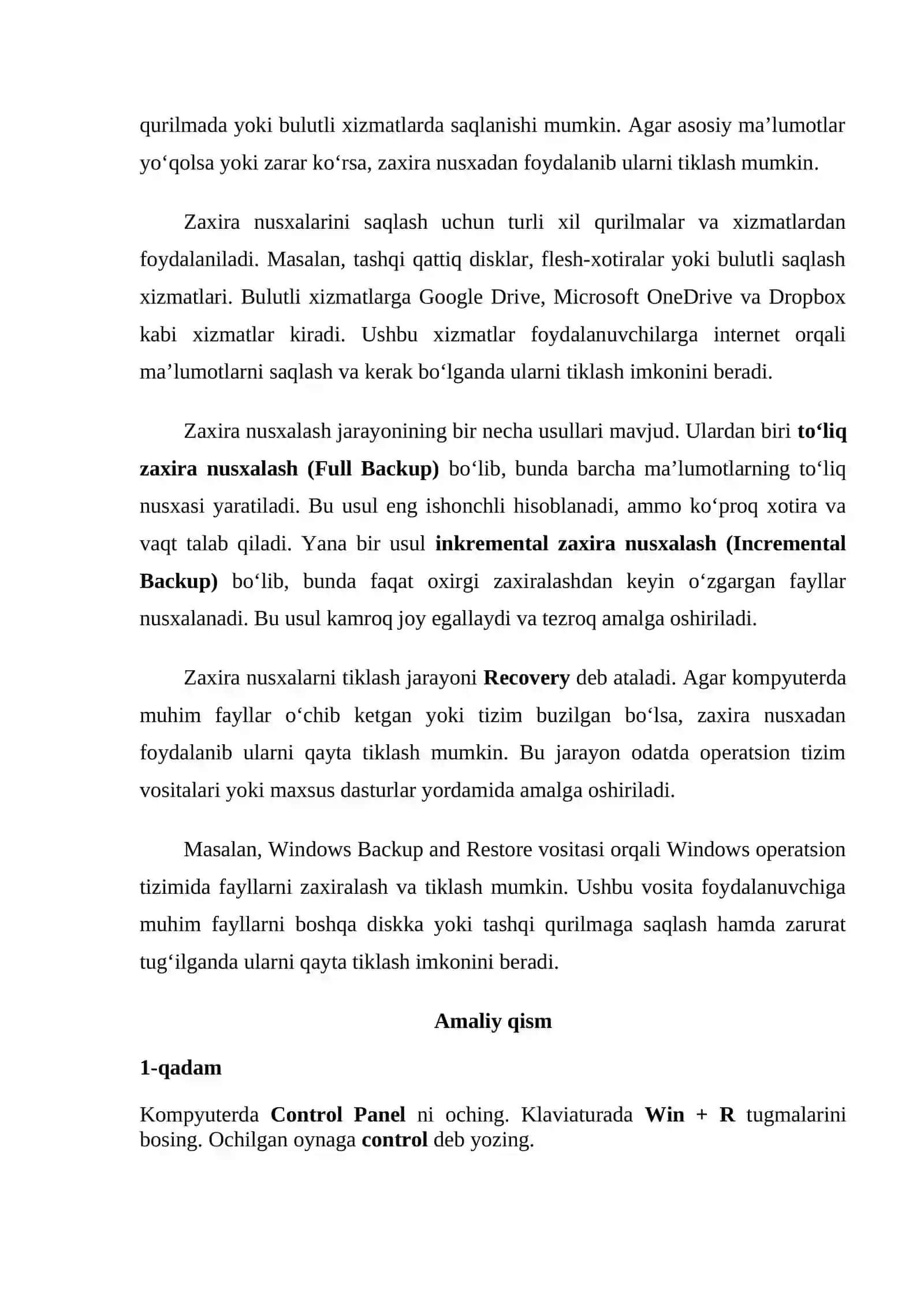 Zaxira nusxalash va tiklash (Backup & Recovery) amaliyoti. 2