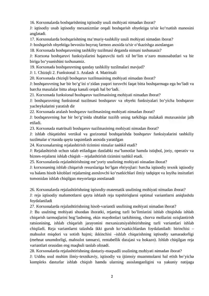 Korxona iqtisodiyoti fanidan 1-oraliq nazorat uchun test savollari 2
