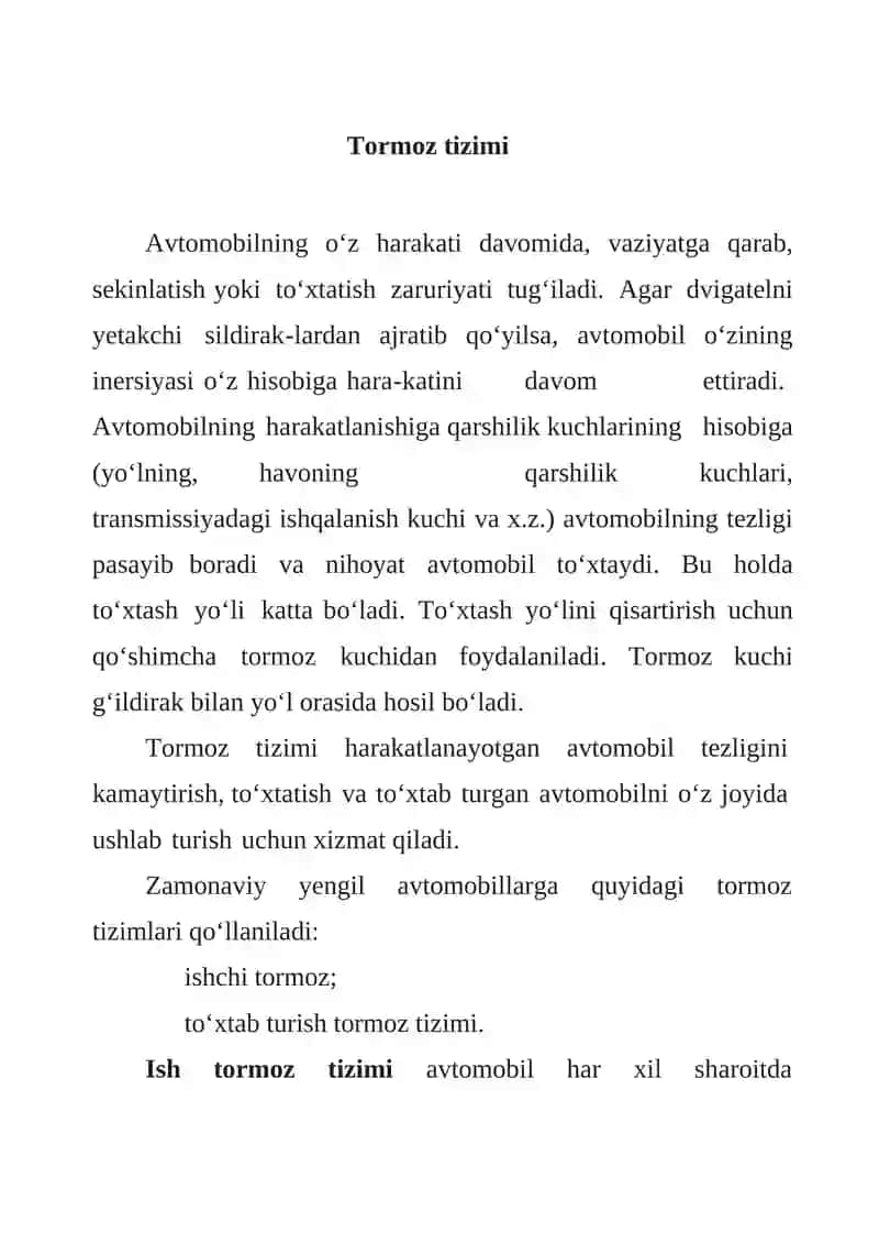 ZAMONAVIY AVTOMOBILLARNING ISHCHI TORMOZ TIZMI 2