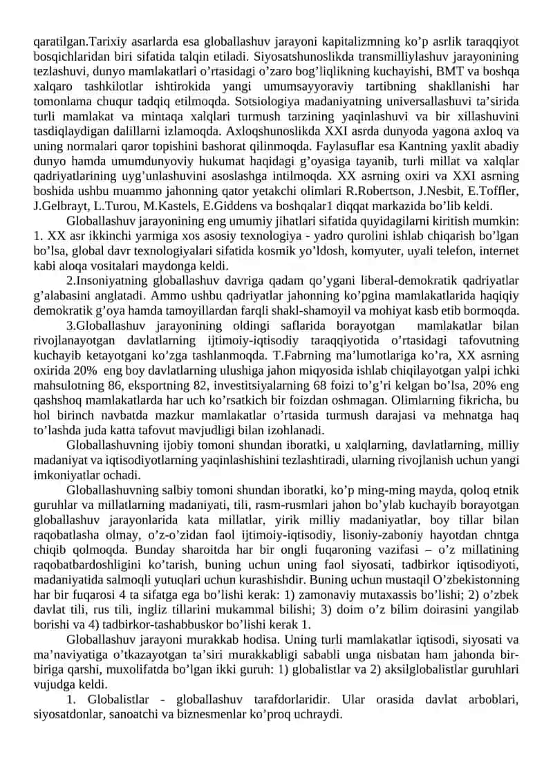 Globallashuv va global muammolarning falsafiy jihatlar. Innovatsion texnologiyalar 2