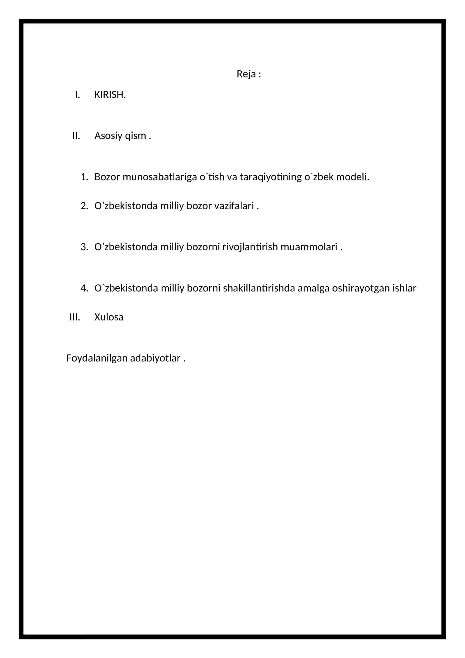O’zbekistonda milliy bozorni shakllantirish va rivojlantirish muammolari REFERAT 2