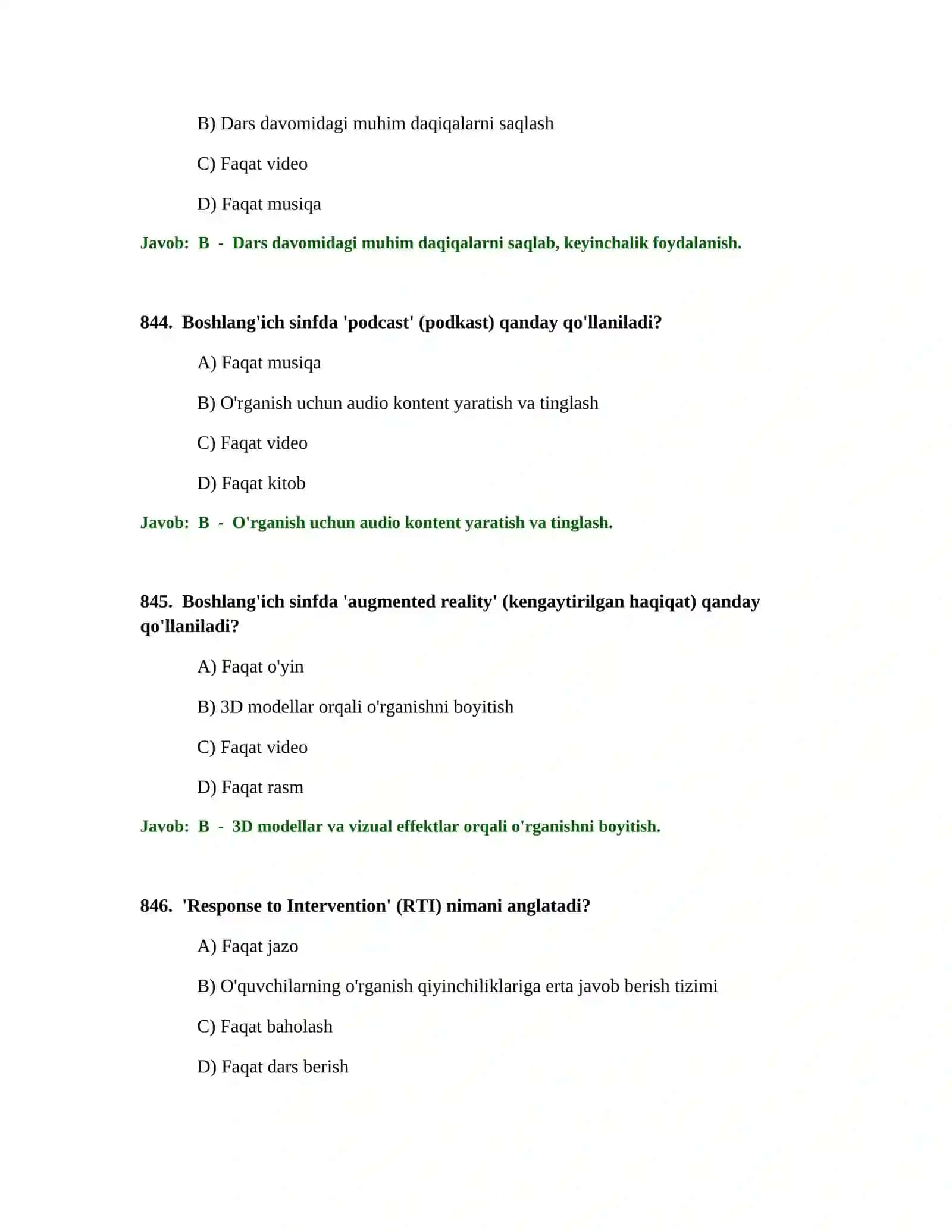 BOSHLANG'ICH TA'LIM O'QITUVCHISI TEST SINOVLARI 2