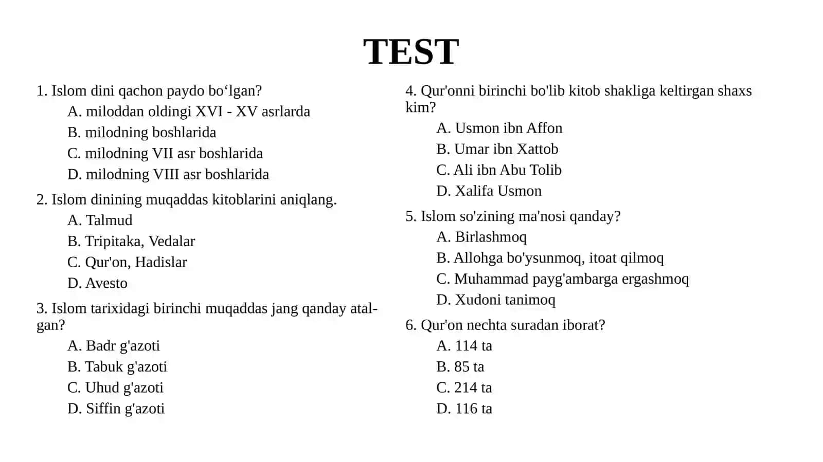 ISLOM ARKONLARI TEST 2