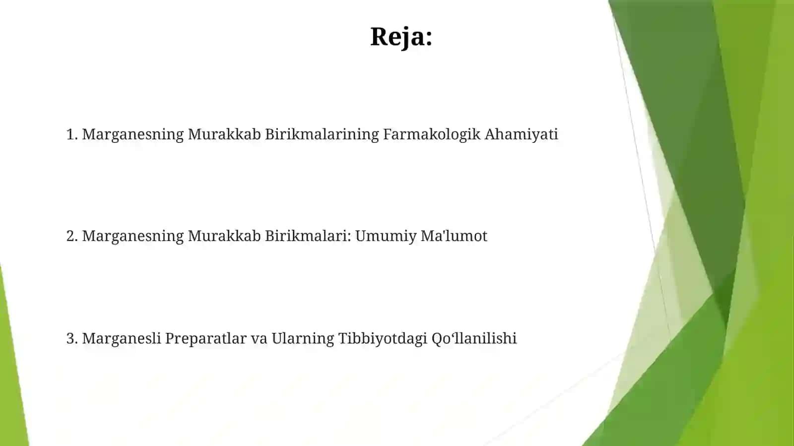 Marganetslarning kompleks birikmalari,Farmatsiyadagi ahamiyati. Xolmaxmatova Sevinch 2