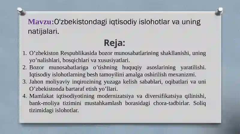 O’zbekistondagi iqtisodiy islohotlar va uning natijalari 2