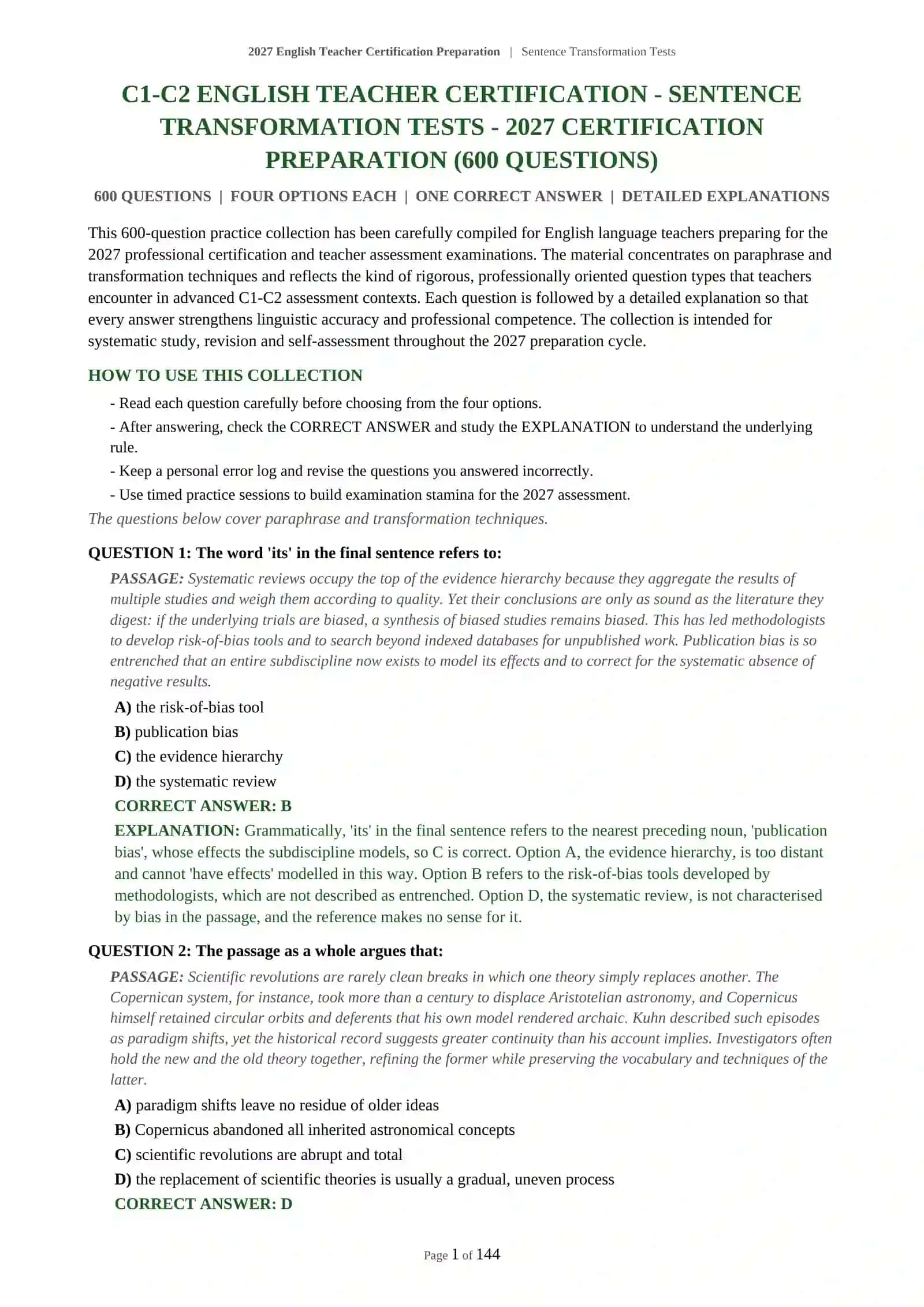 2027 English Teacher Certification Preparation | Sentence Transformation Tests 2