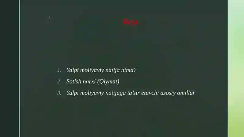 Mahsulot sotishdan ko'rilgan yalpi moliyaviy natija va unga ta'sir etuvchi omillarning tahlili 2