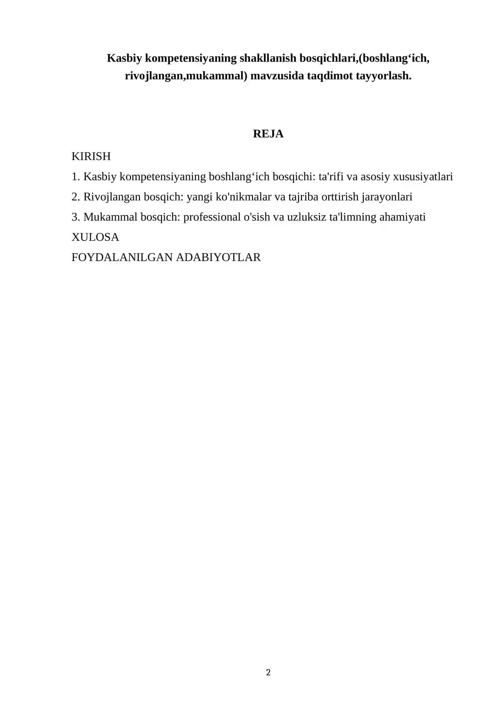 Kasbiy kompetensiyaning shakllanish bosqichlari,(boshlangʻich, rivojlangan,mukammal) mavzusida taqdimot tayyorlash 2