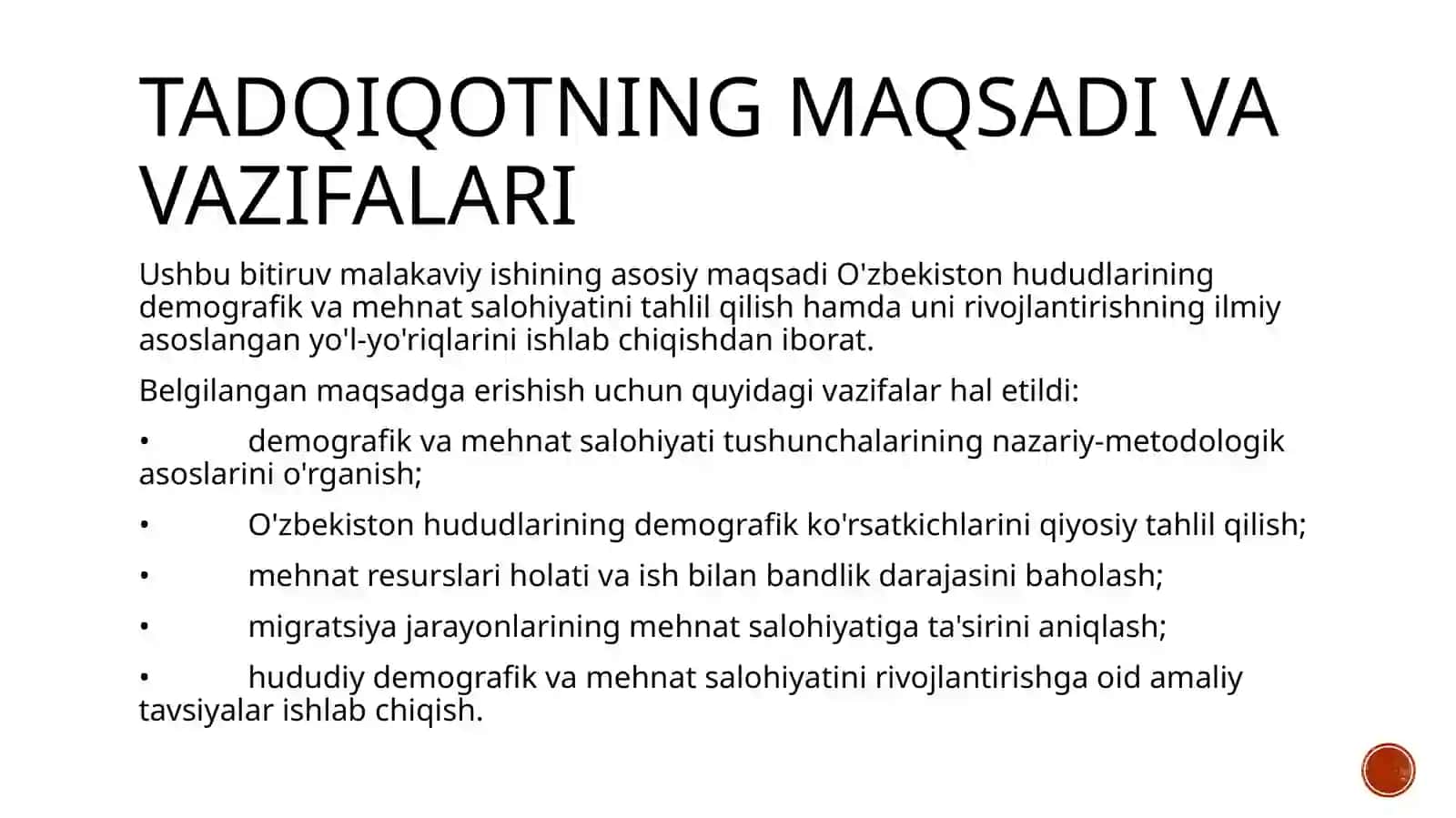 «HUDUDLARNING DEMOGRAFIK VA MEHNAT SALOHIYATI» TAQDIMOT ISHI 2