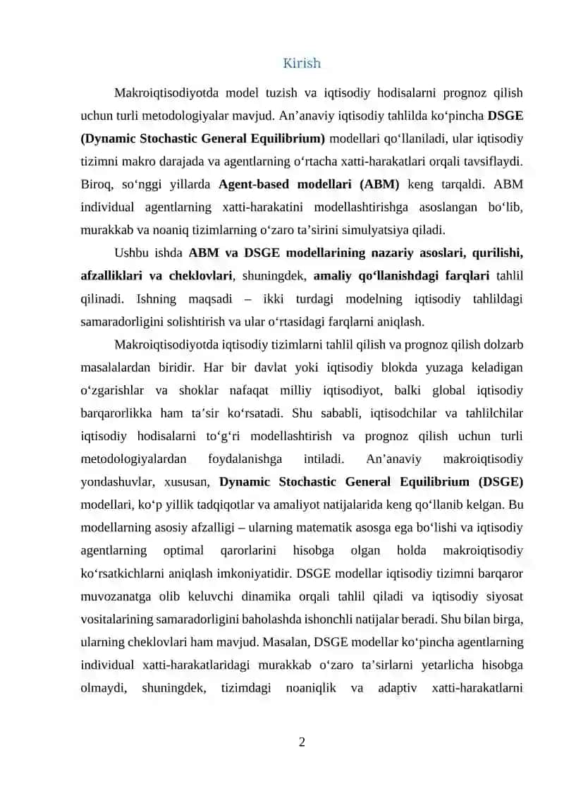 Agent-based modellar (ABM) va an’anaviy DSGE modellarini taqqoslash 2