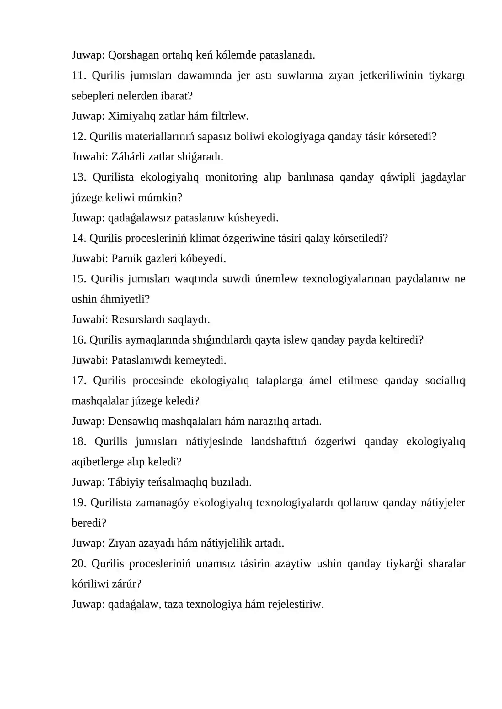 Qurılıs processleriniń qorshaǵan ortalıqqa tásiri boyınsha soraw-juwaplar 2