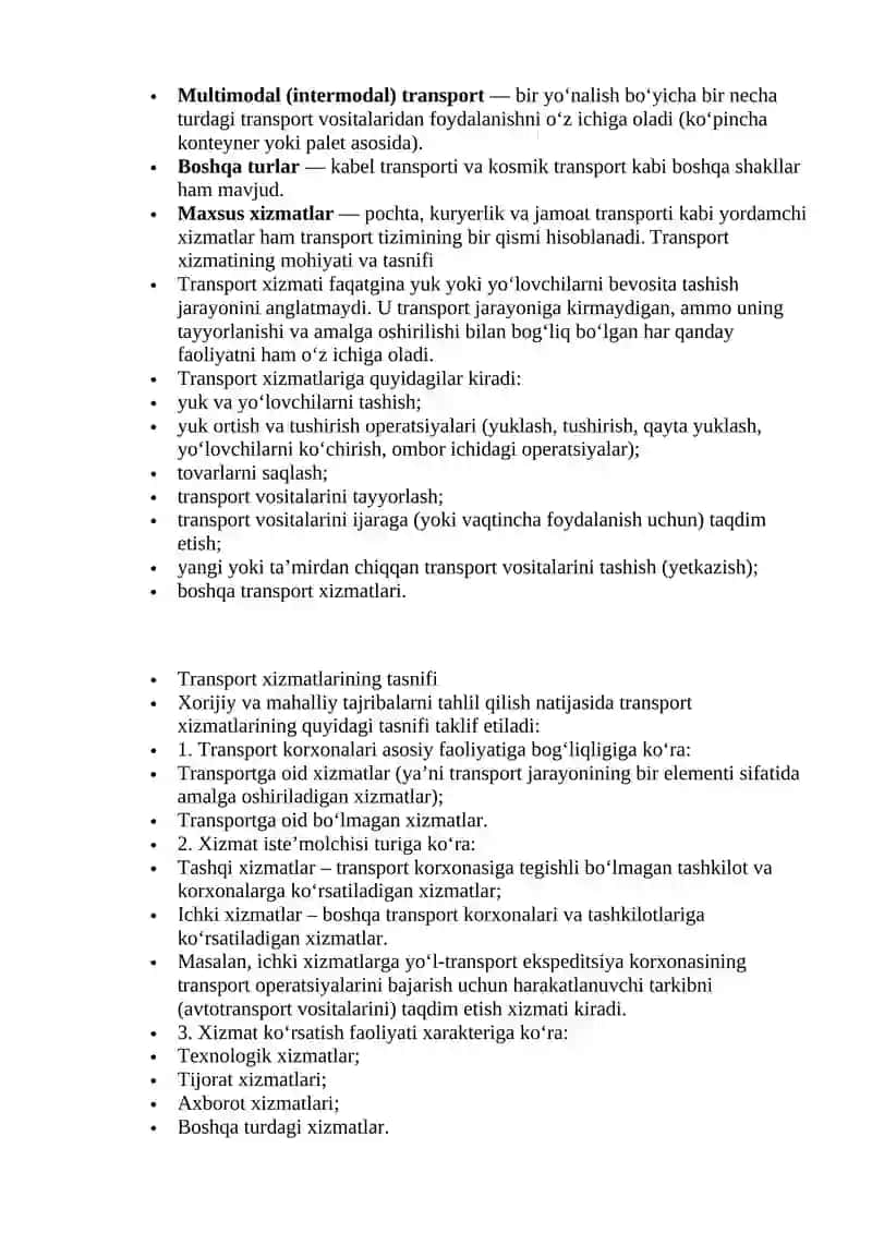 Transport xizmatlarining predmeti, tushunchasi va turlari 2