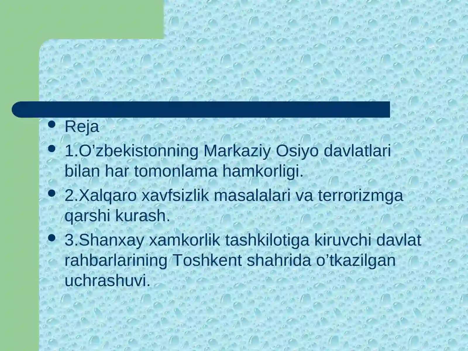 O‘zbekiston mintaqasida tinchlik va barqarorlikni taminlash borasida olib borgan siyosati 2