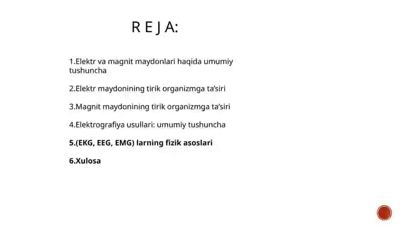 Elektr va magnit maydonlari va ularning tirik organizmlarga ta’siri. Elektrografiya usullarining fizik asoslari. (EKG, EEG, EMG) 2